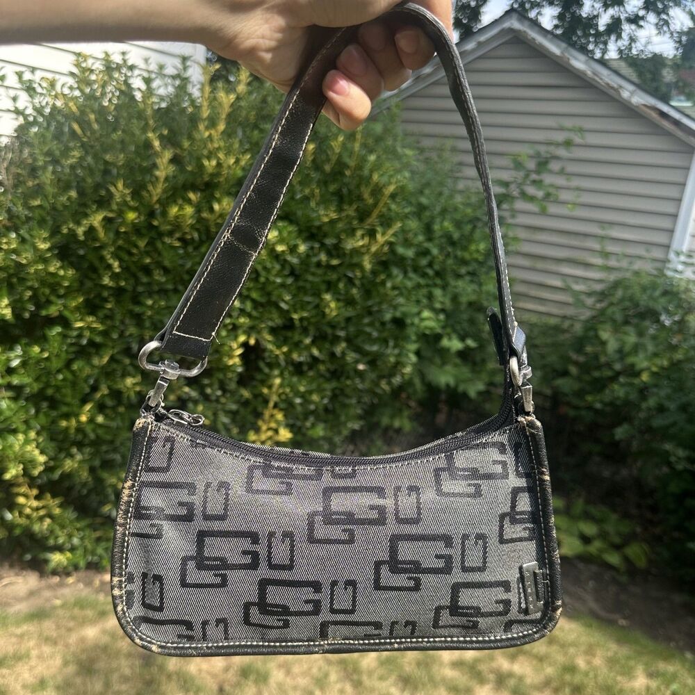 Vintage Y2K Guess Monogram Signature Canvas Baguette Shoulder Bag